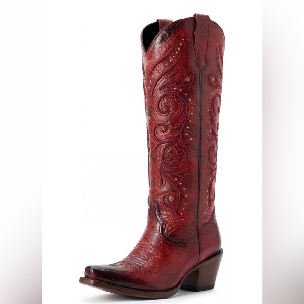Women's Red Embroidered Pointed Toe Cowgirl Boots with Side Zipper Retro Boots